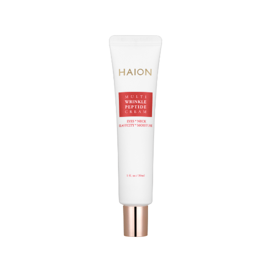 Tubo de la crema antiarrugas HAION Multi-wrinkle peptide Cream sobre un fondo transparente.