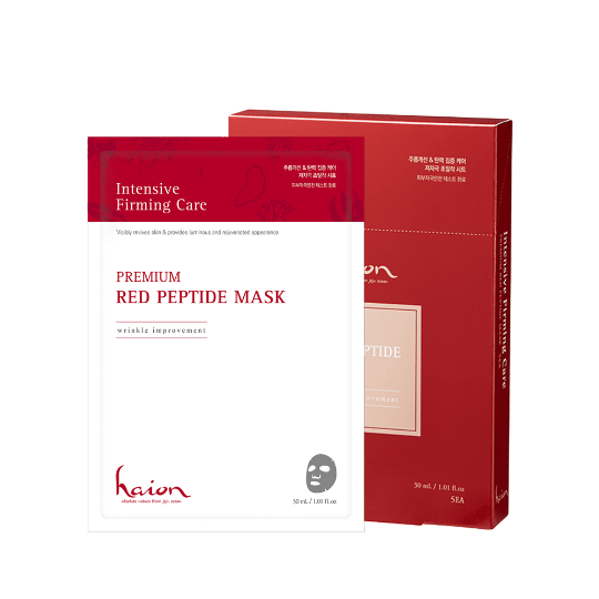Caja y sobre individual de la mascarilla de tejido HAION Premium Red peptide Mask, un tratamiento intensivo reafirmante.